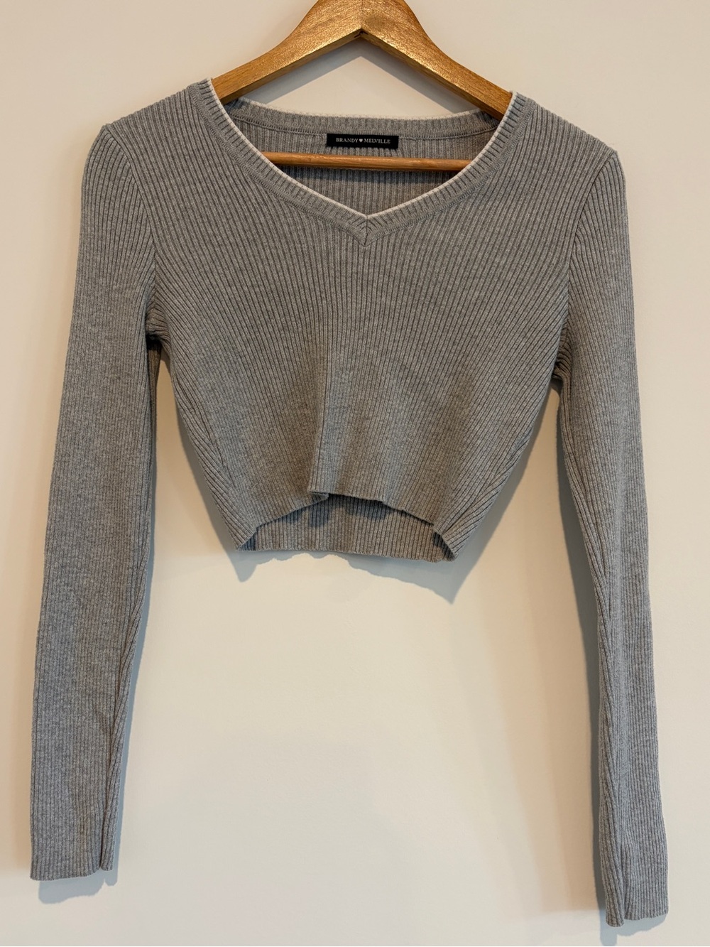 Brandy Melville Milena Grey Ribbed V Neck Cropped Sweater One Size